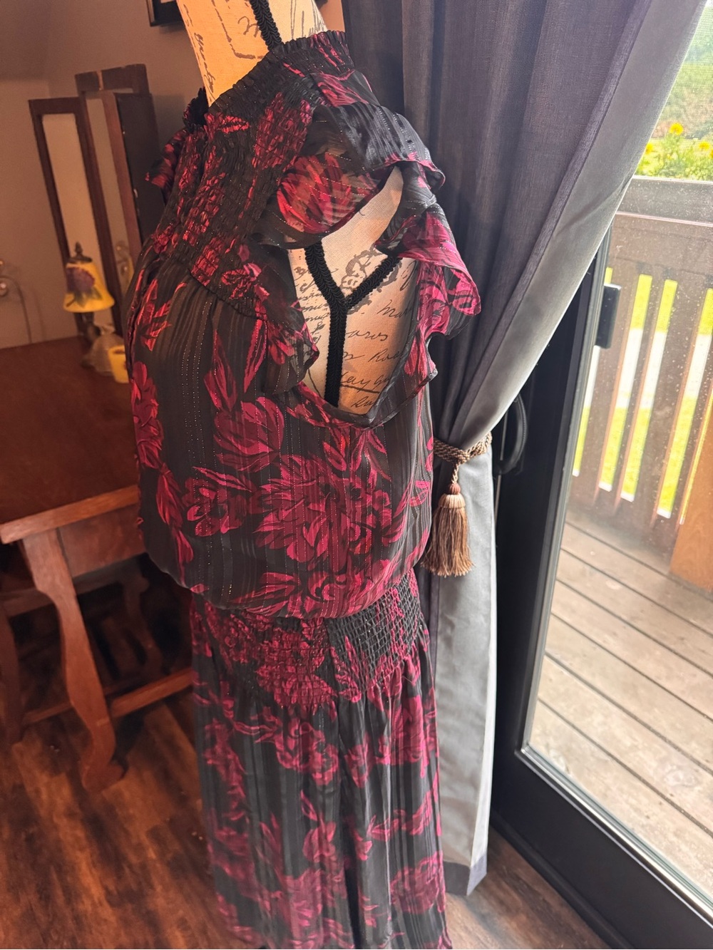 White House Black Market Black Midi Dress with Magenta Floral Print - Picture 6 of 14